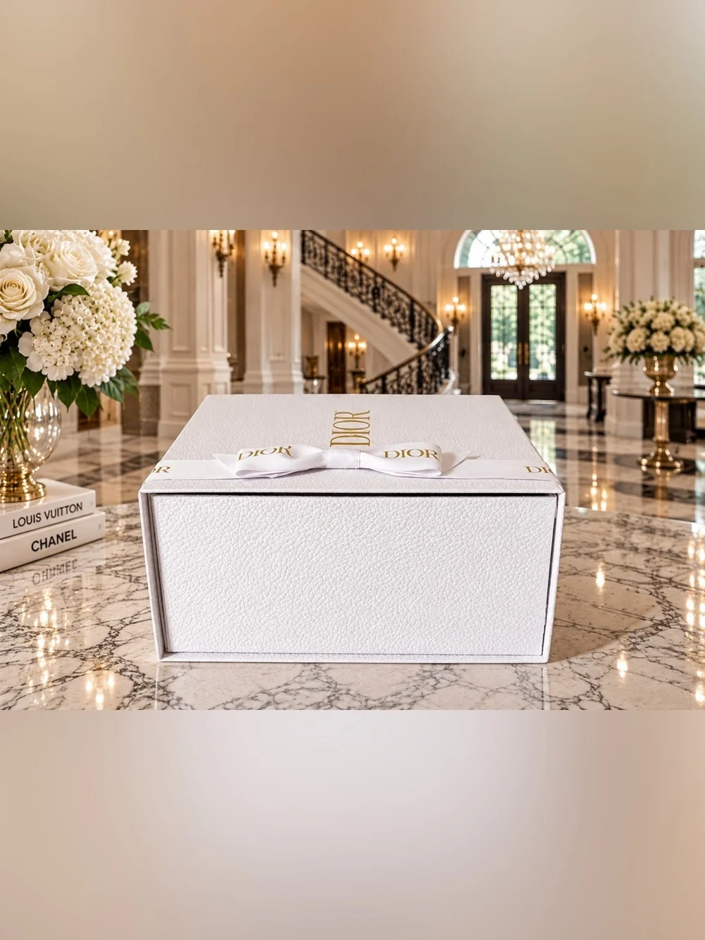 New Dior Medium Gift Box 9x9x4.5” White Textured Box Gold Logo Ribbon